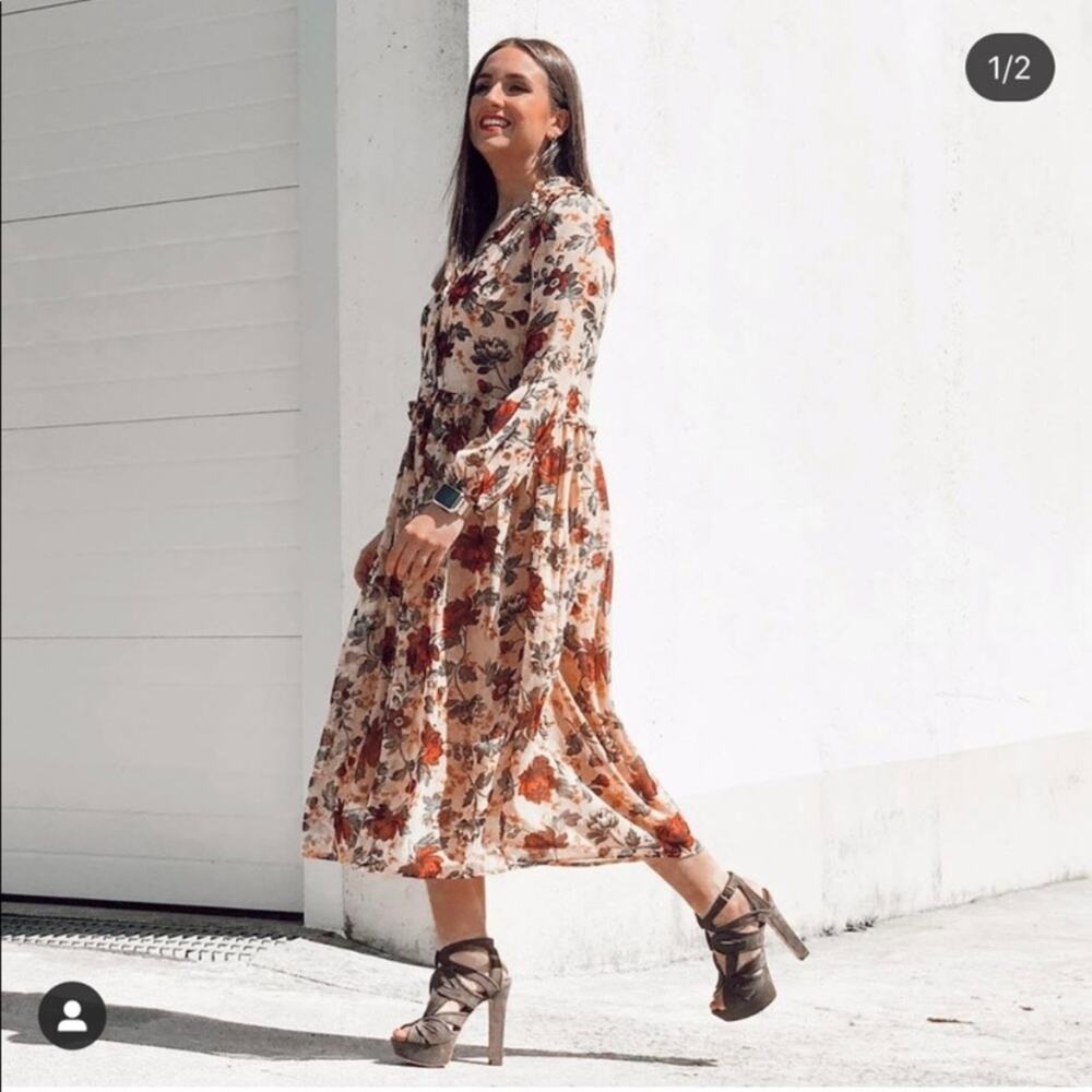 Zara Brown Floral Printed Bloggers Favorite Midi Dress Sz.S NWT